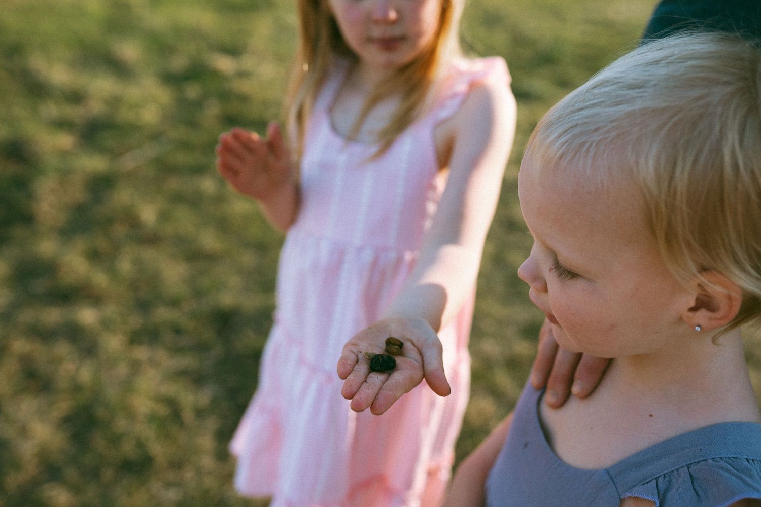 Children exploring outdoors with one holding something small in their hand.