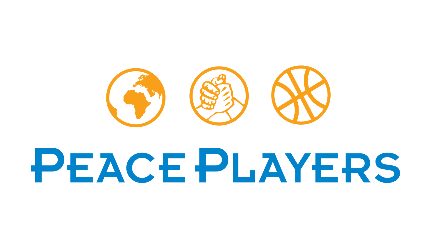 Peace Players brand icons showing basketball, globe and handshake symbols in orange.