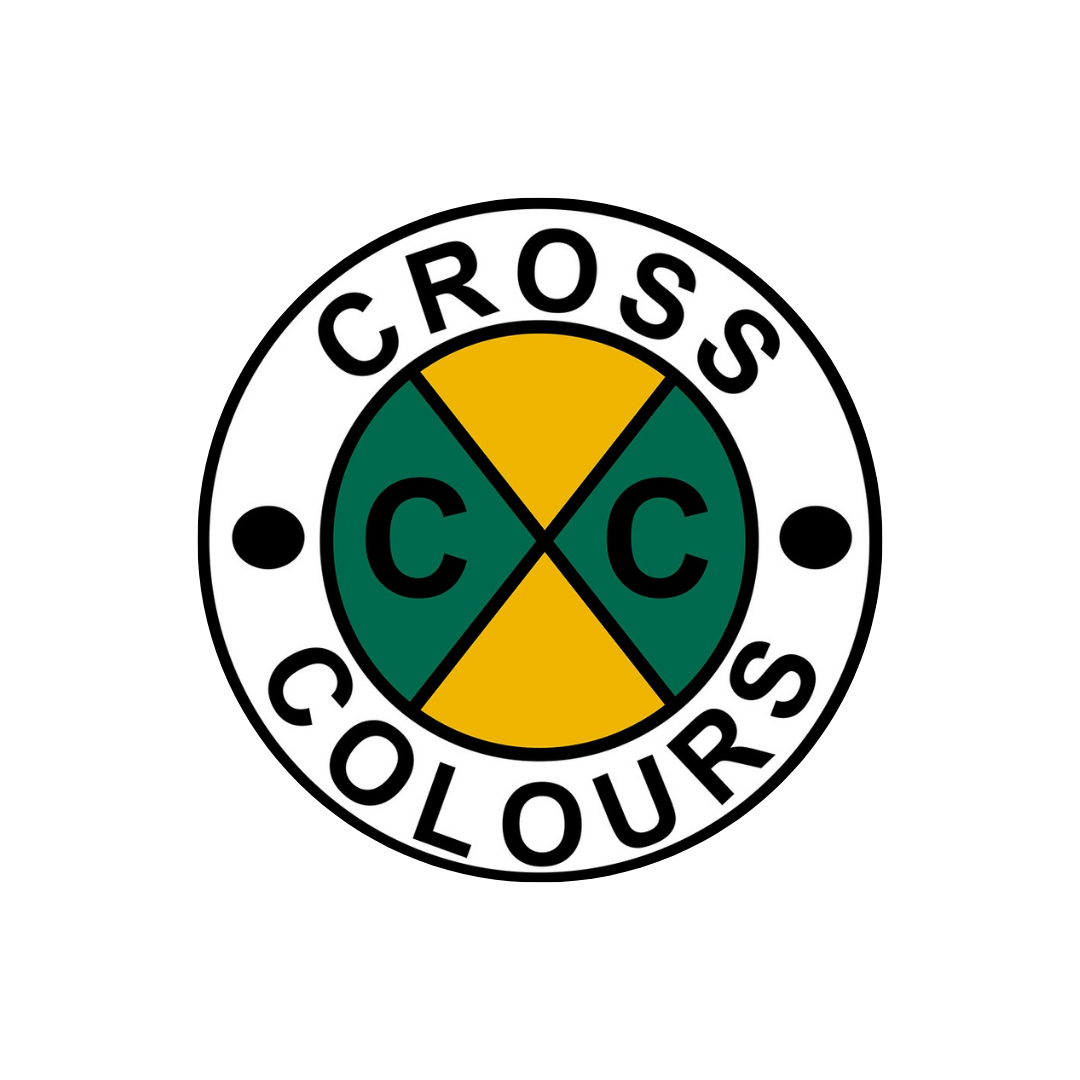 Collection of circular emblems featuring cross designs in green and yellow.