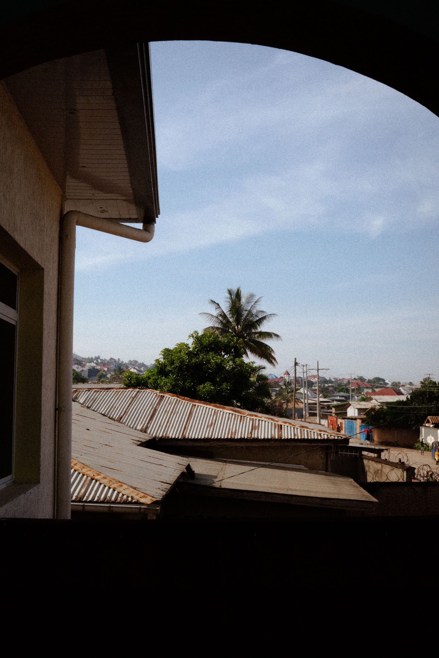 View of rooftops and palm trees from inside a building with an arched window frame.