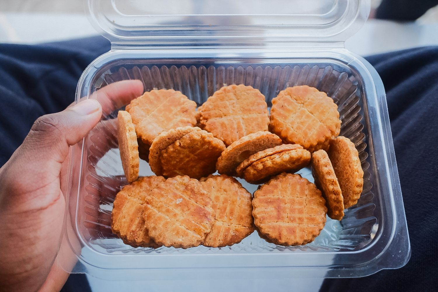 Close-up of round cookies or crackers in a plastic container.