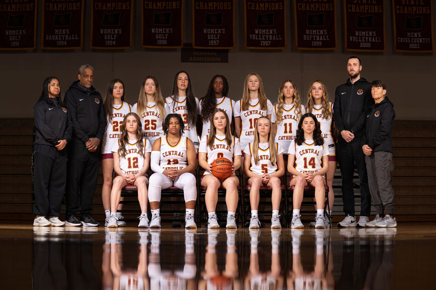 A series of basketball team photos showing players and coaches lined up in traditional group formation on a court.