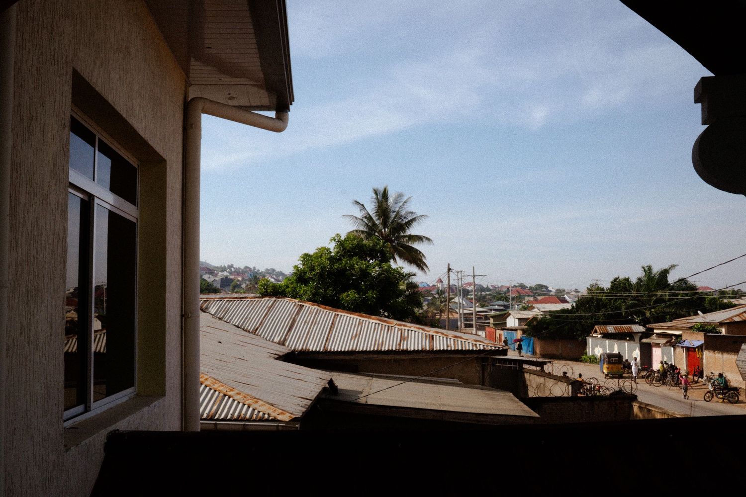 Panoramic view of urban rooftops and palm trees under blue sky.