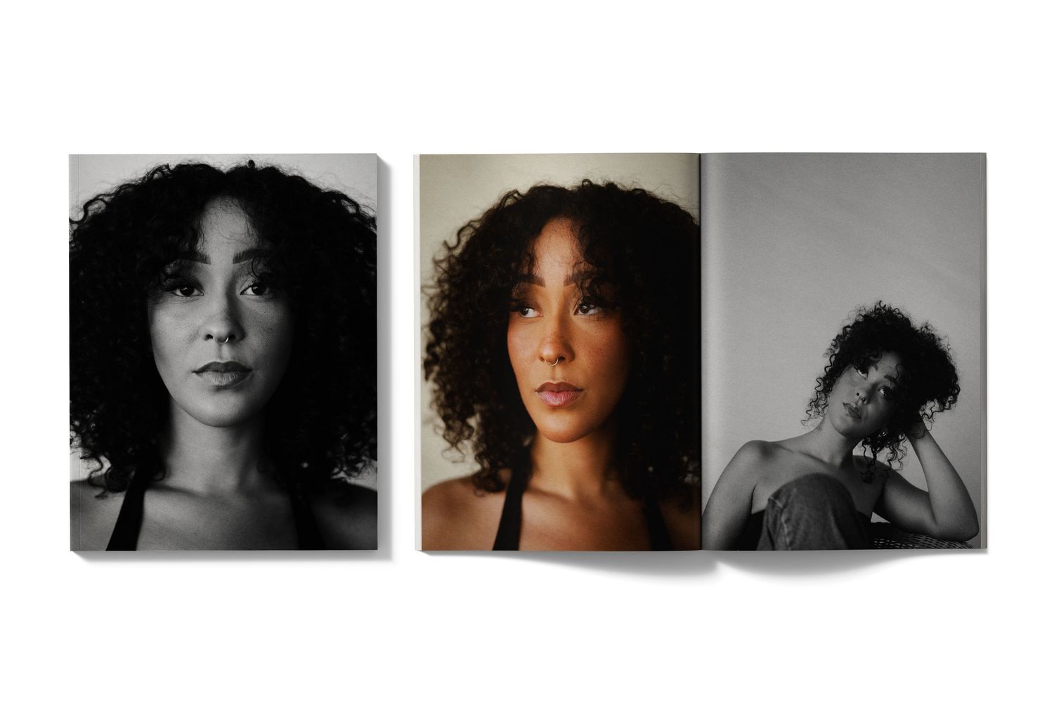 Black and white portrait series showing dramatic lighting and expressions.