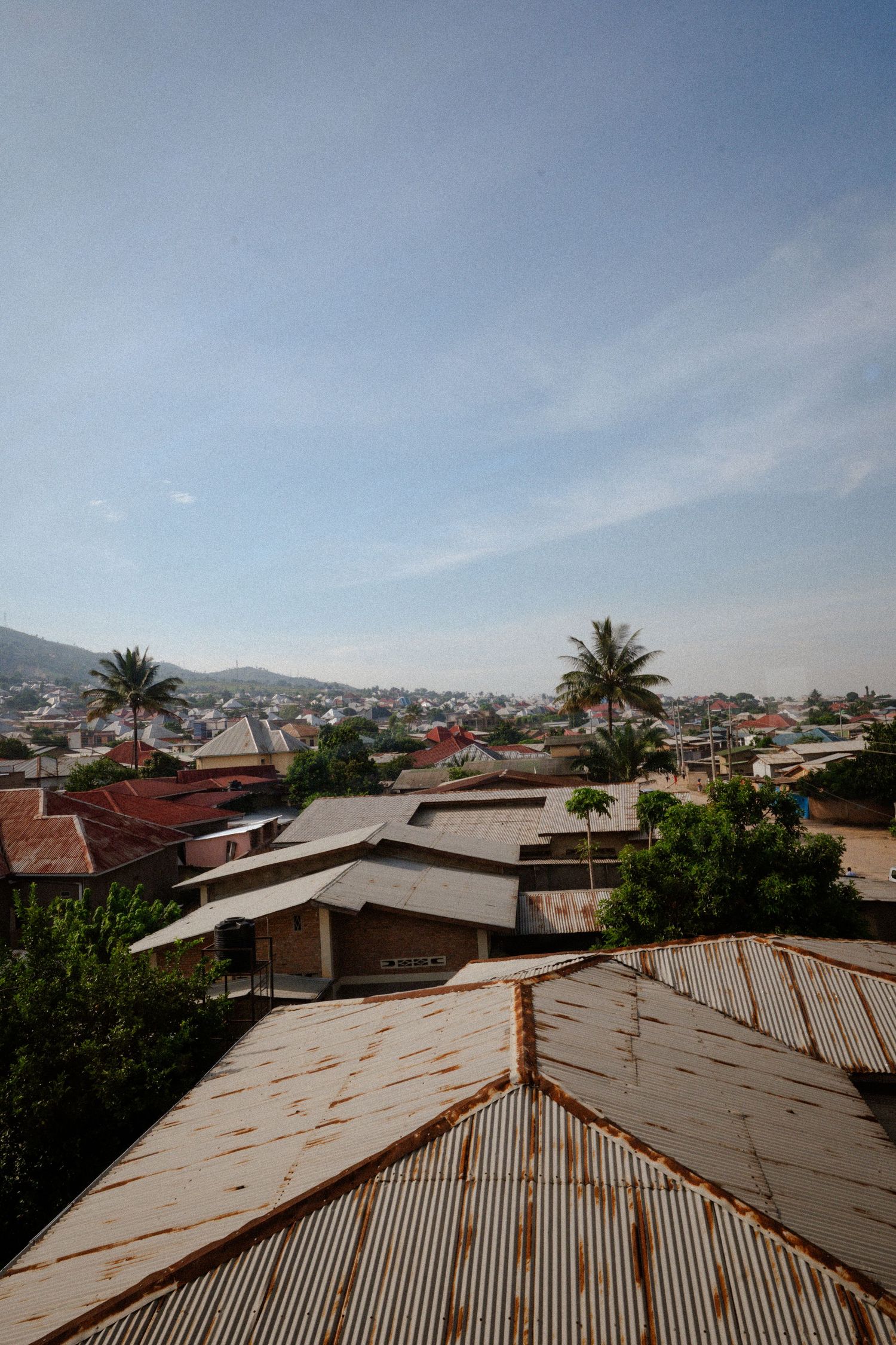 Panoramic view of a residential area with palm trees and mountains under blue sky.