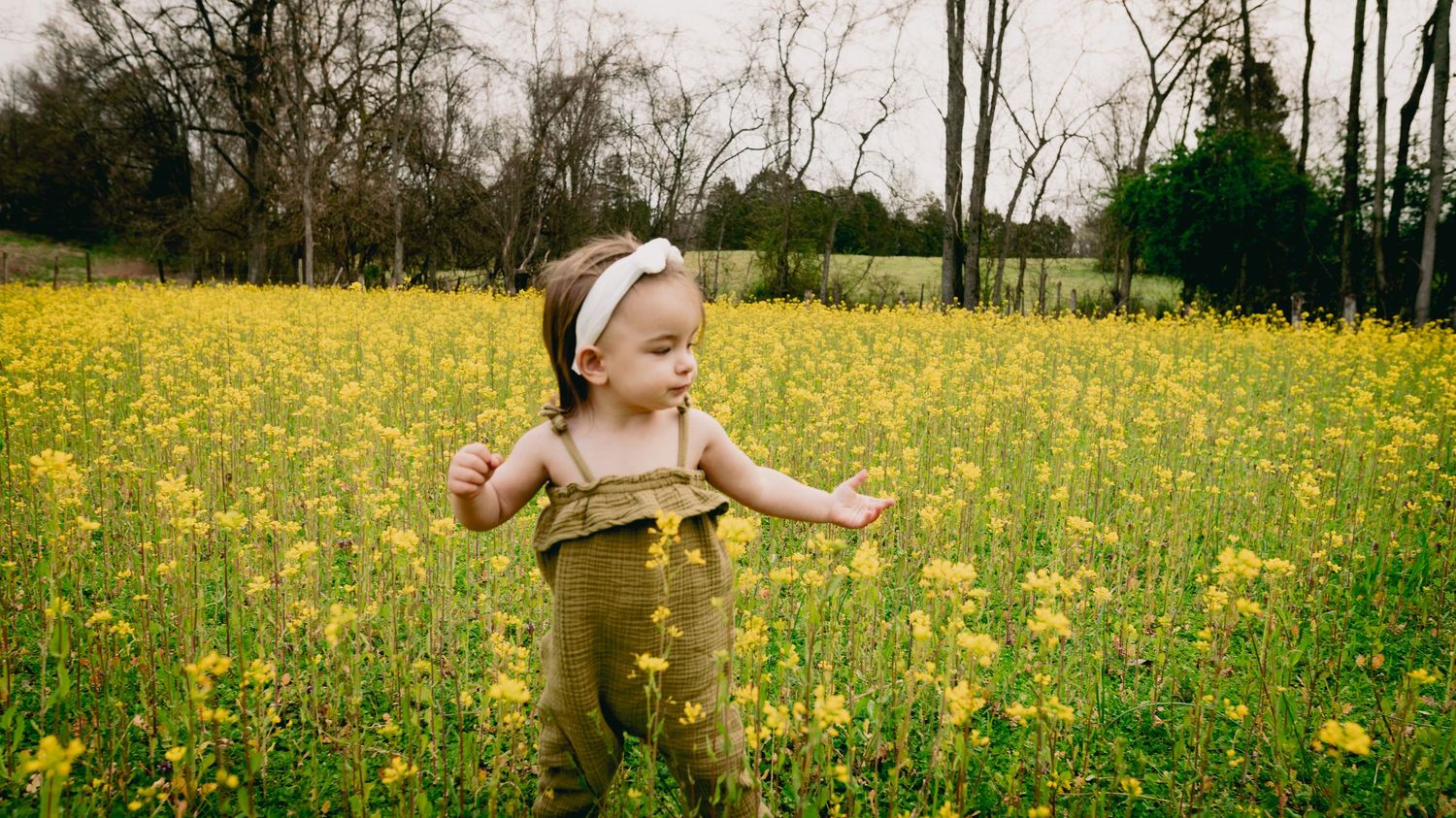 A toddler exploring a vibrant yellow wildflower meadow with trees in the background on a sunny spring day.
