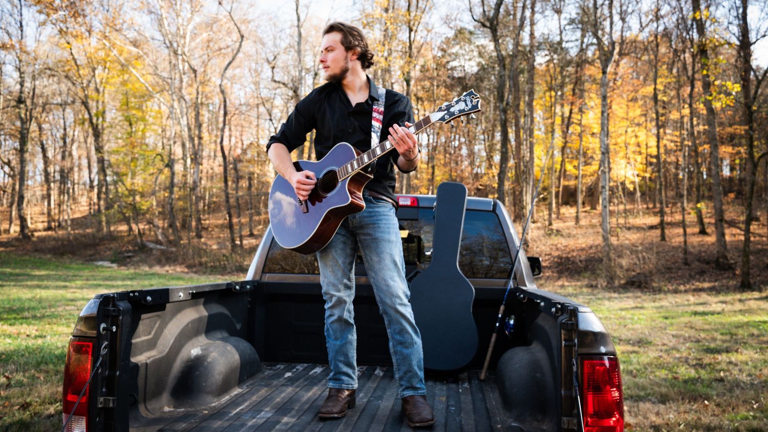 Series of outdoor autumn photos featuring people sitting in the back of a pickup truck.