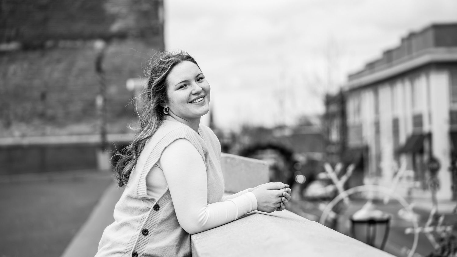 Black and White Senior Portrait on an urban rooftop