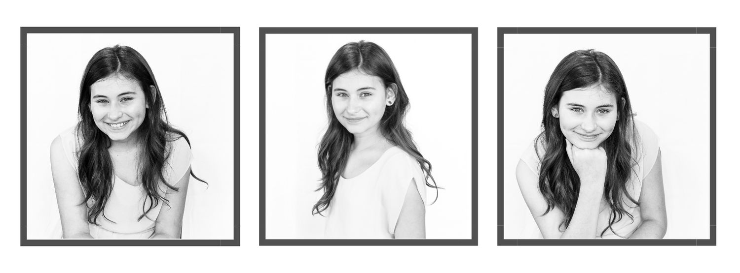 Black and white triptych portrait of a young woman with long dark hair smiling softly against a white background.