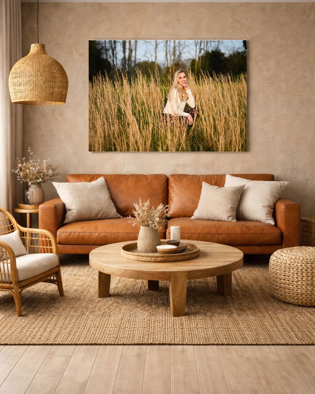 Cozy modern living room with tan leather sofa, rattan pendant light, and large outdoor Senior Portrait above seating area.