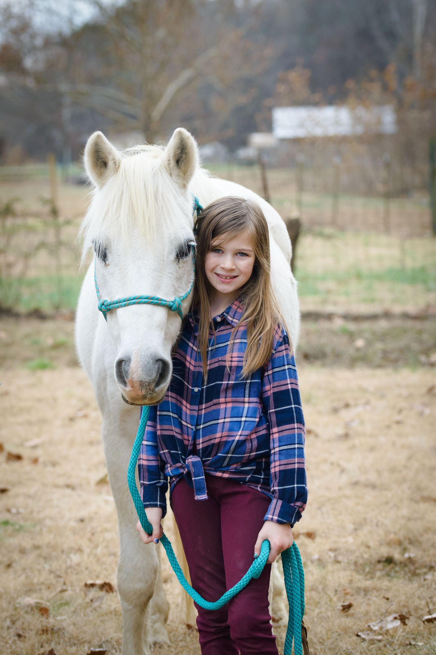 Young child in plaid shirt poses with white horse wearing turquoise halter in outdoor field setting.
