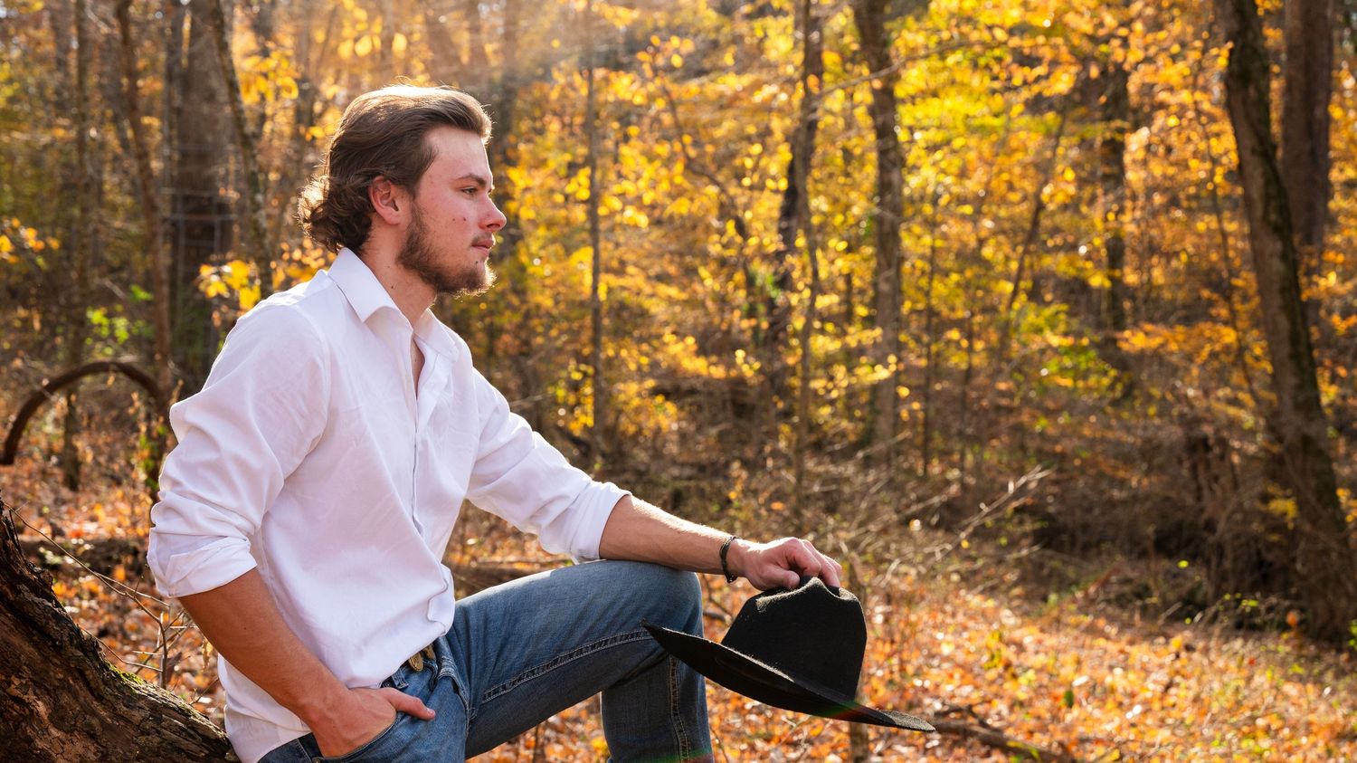 Series of outdoor portraits captured in a forest with golden autumn foliage.