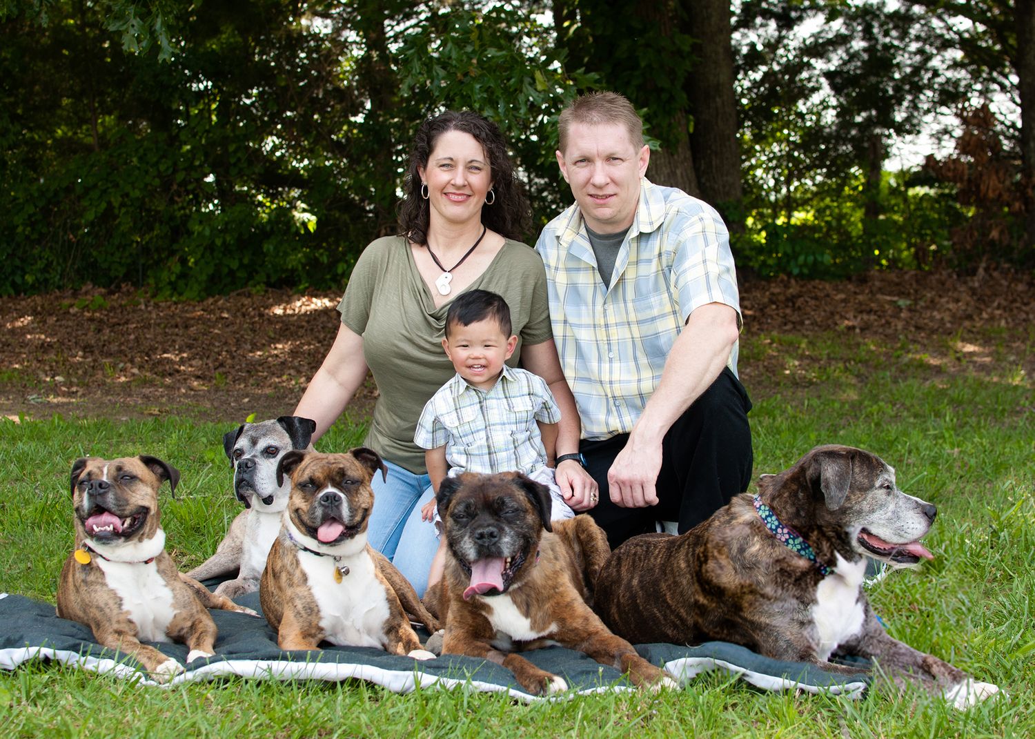 Family and their five dogs sitting together on grass for outdoor portrait session.