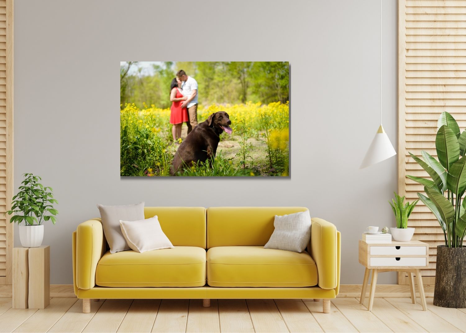 Modern living room interior with yellow sofa, white walls, and with wall art featuring a family and their chocolate Labrador.