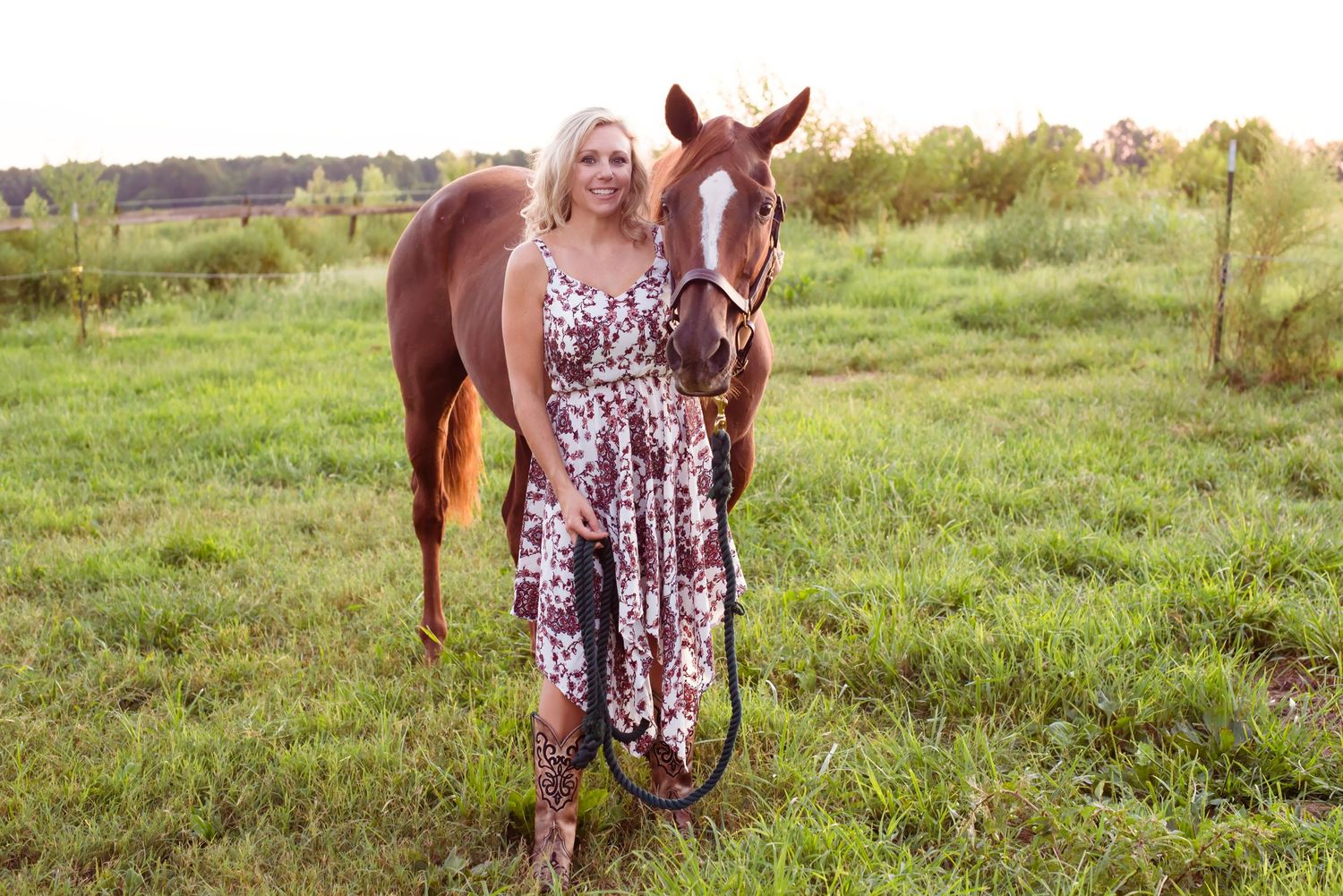 Series of outdoor photos featuring a horse and woman in floral dress in a sunny meadow.