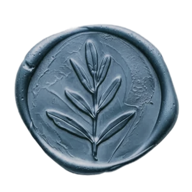 Dusty blue wax seal stamp with embossed olive branch botanical design.