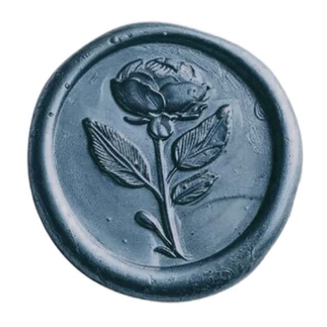 Dusty blue wax seal stamp featuring an embossed rose with stem and leaves.