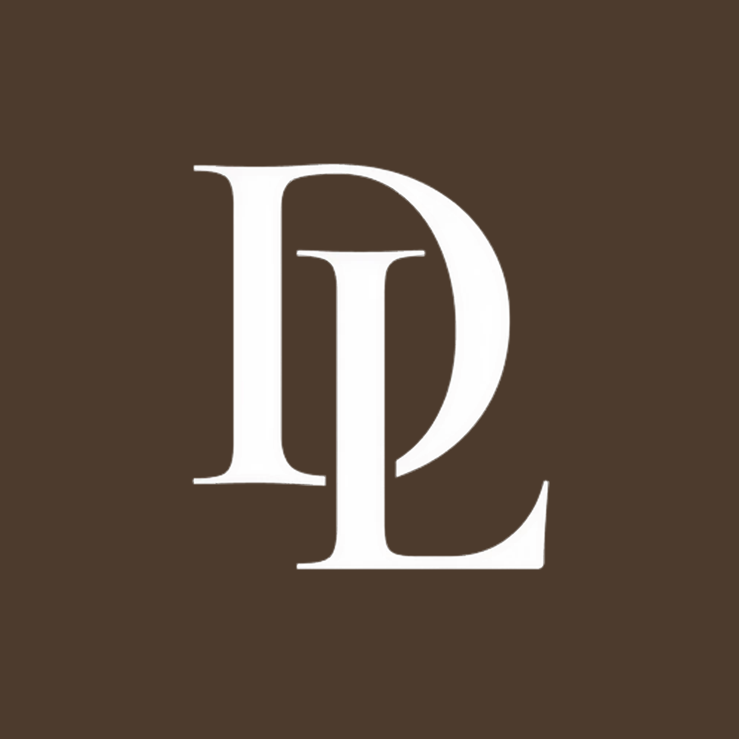 Elegant DL monogram logo in white serif font on dark brown square background.