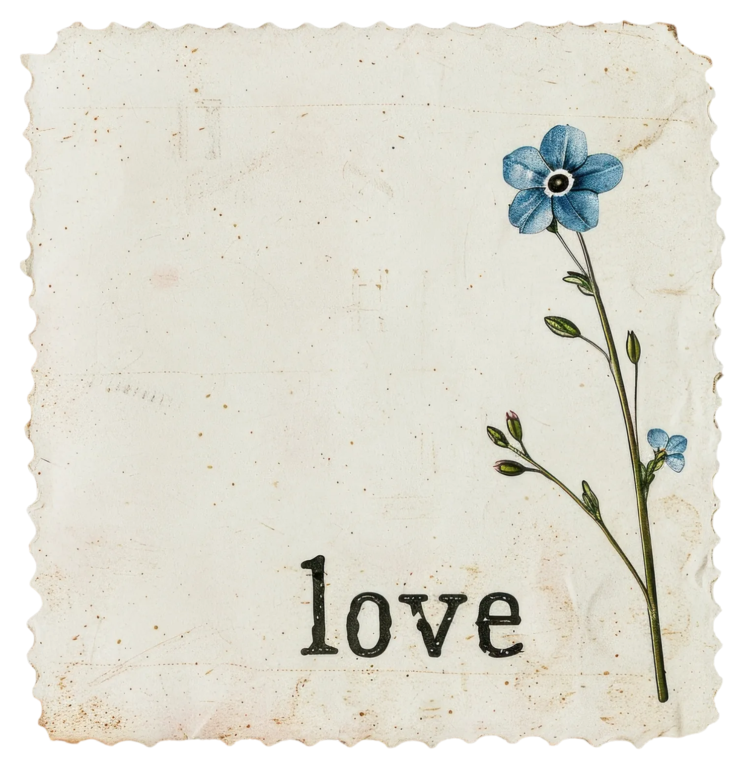 A vintage-style card with a blue flower illustration and the word love printed in typewriter font.