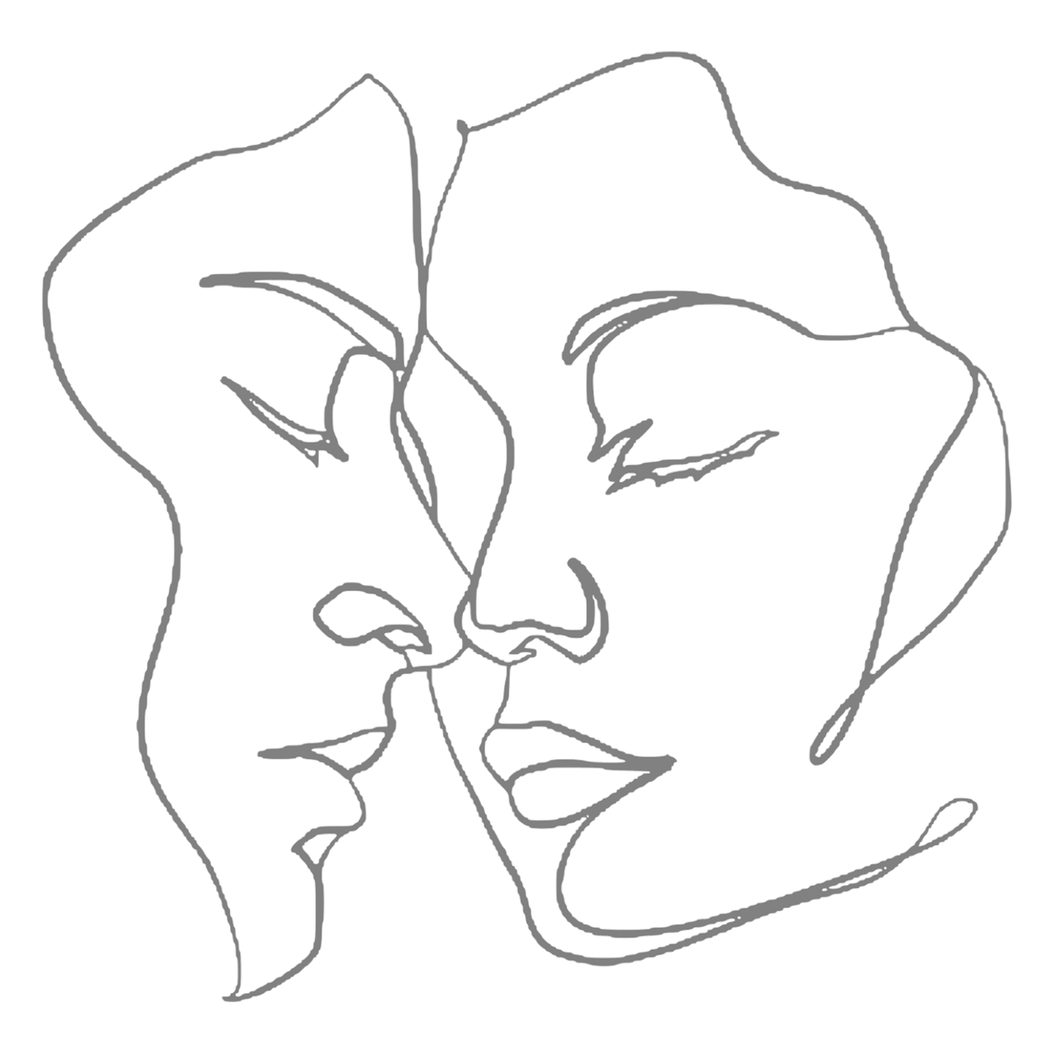 Minimalist one-line drawing of two faces leaning close together romantically.