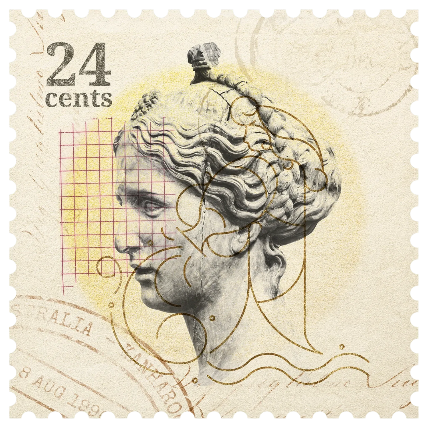 Vintage 24 cent postage stamp featuring a classical Greek sculpture bust of a woman with ornate hair.