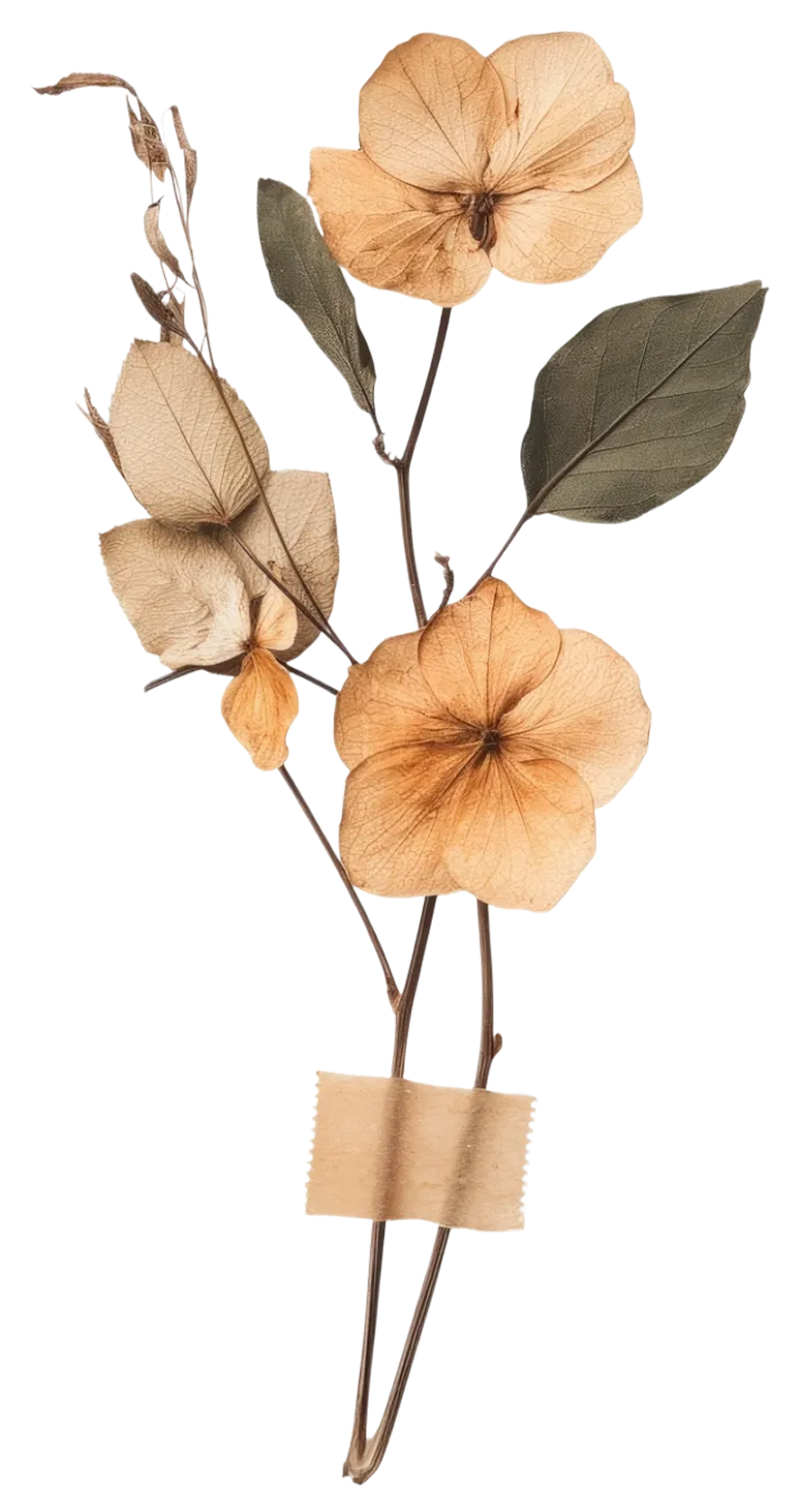 Pressed dried hydrangea flowers with green leaves taped to stems on white background.