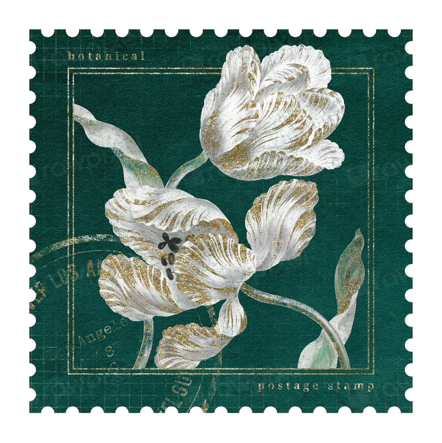 Botanical postage stamp with white and gold tulips on teal background.