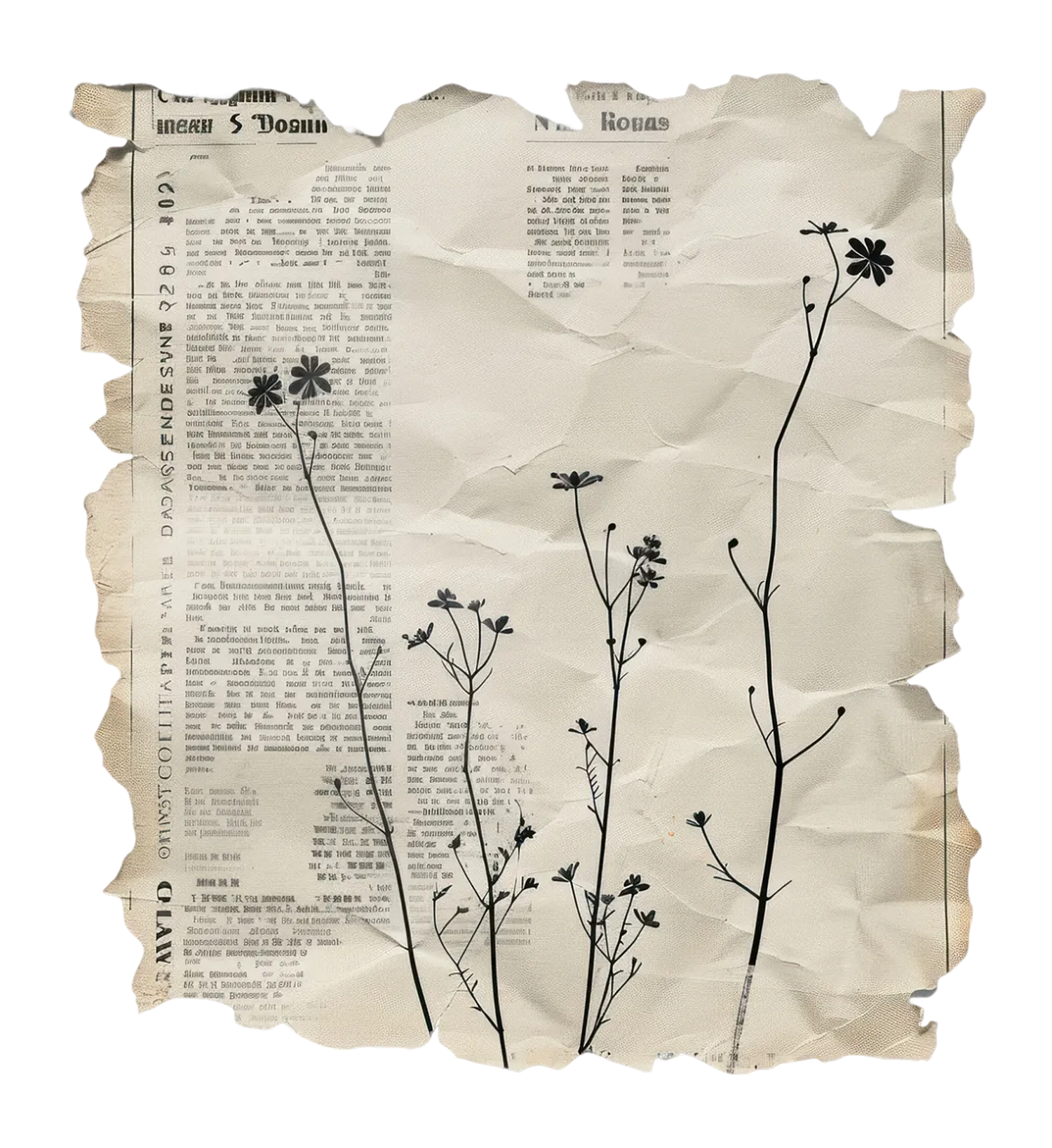 Silhouette of wildflowers and stems on crumpled vintage newspaper, botanical collage art print.