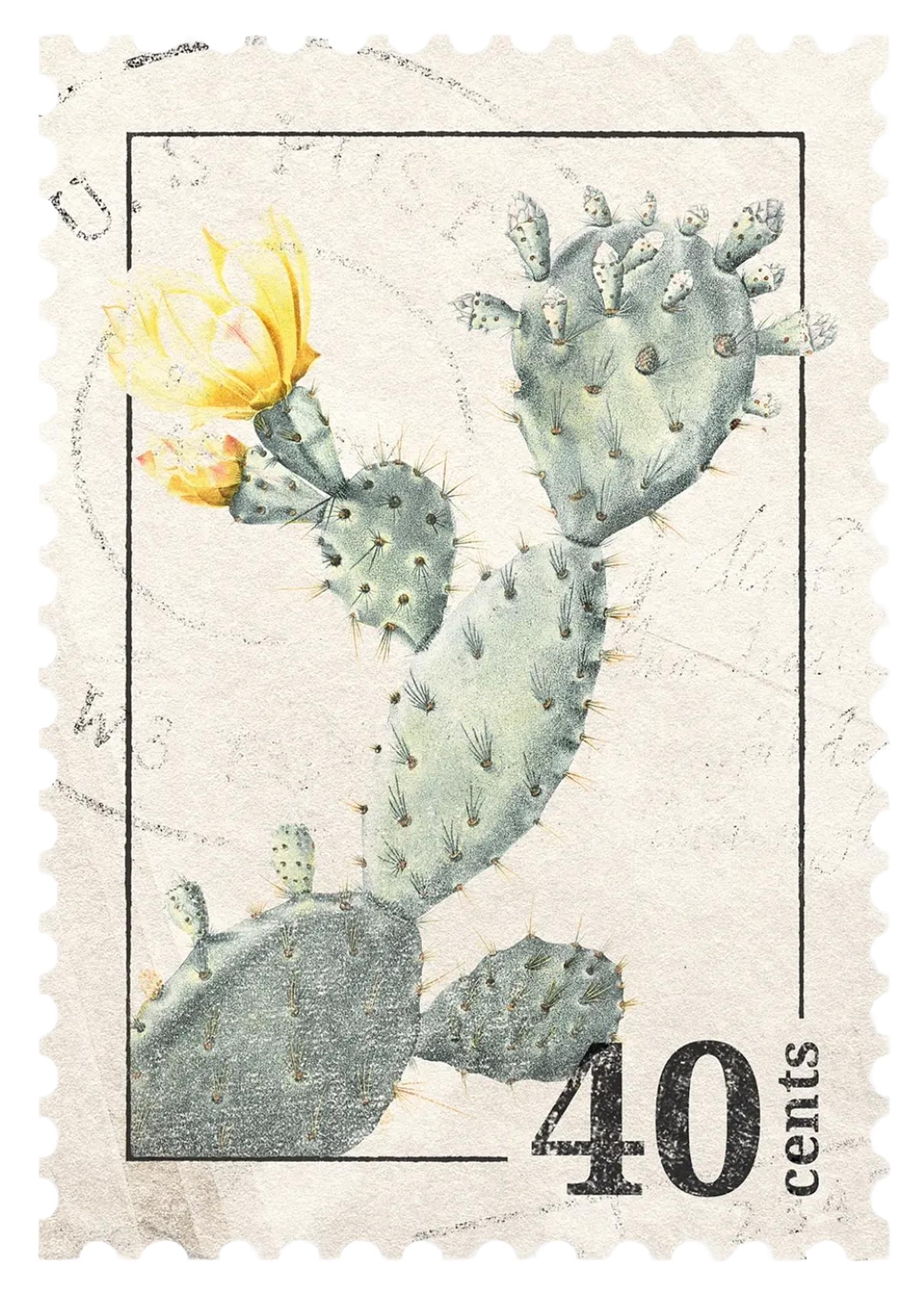 Vintage 40 cent postage stamp featuring prickly pear cactus with yellow flower illustration.