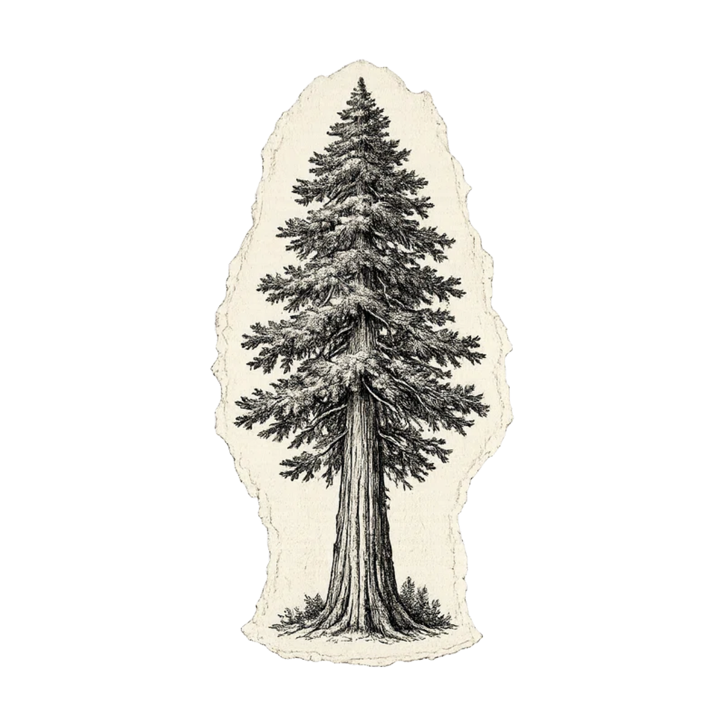 Black and white vintage ink drawing of a tall pine tree on torn paper background.