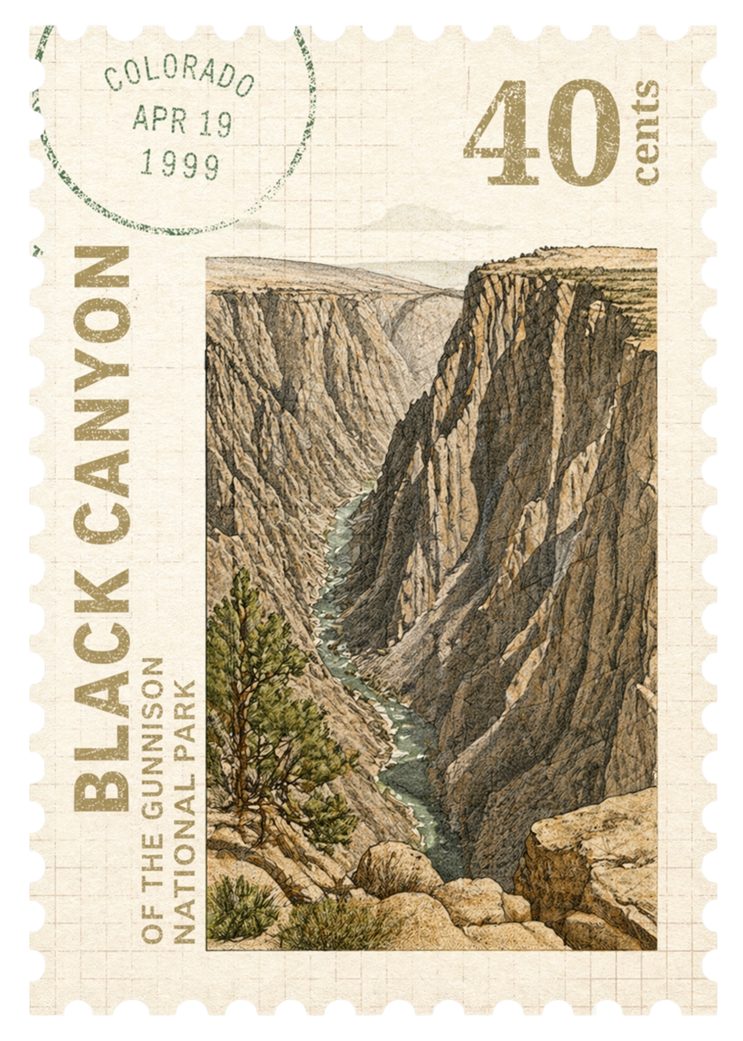 Vintage 40-cent postage stamp featuring Black Canyon of the Gunnison National Park, Colorado, dated April 19, 1999.
