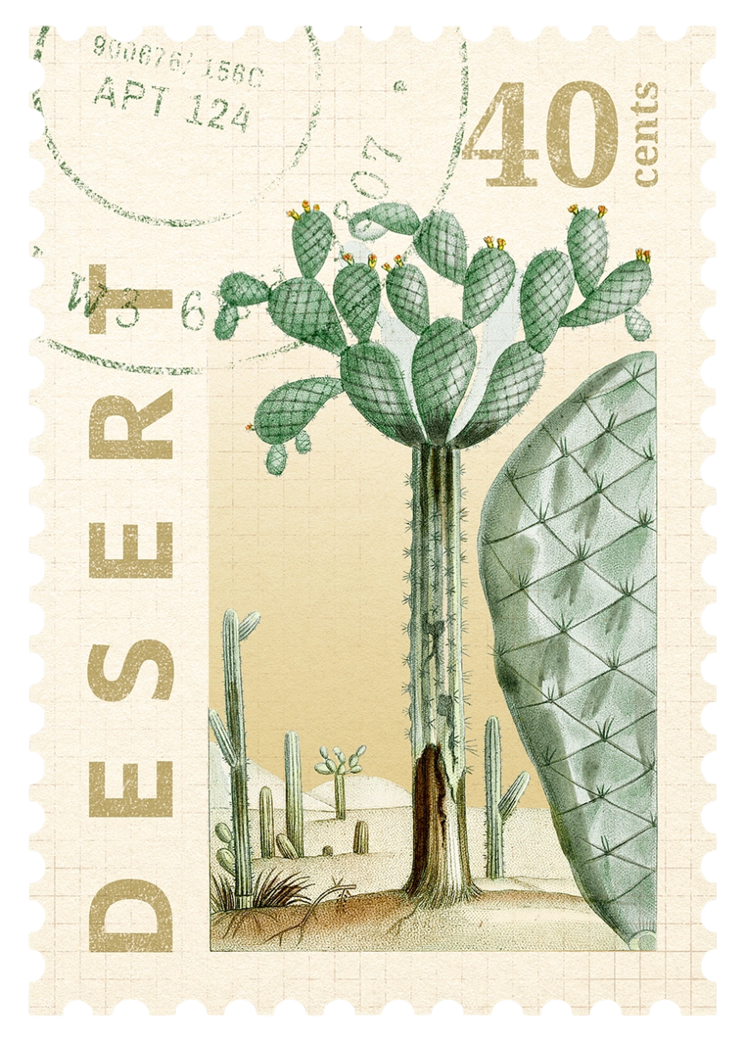 Vintage 40-cent desert postage stamp featuring illustrated prickly pear cactus plants in muted green tones.