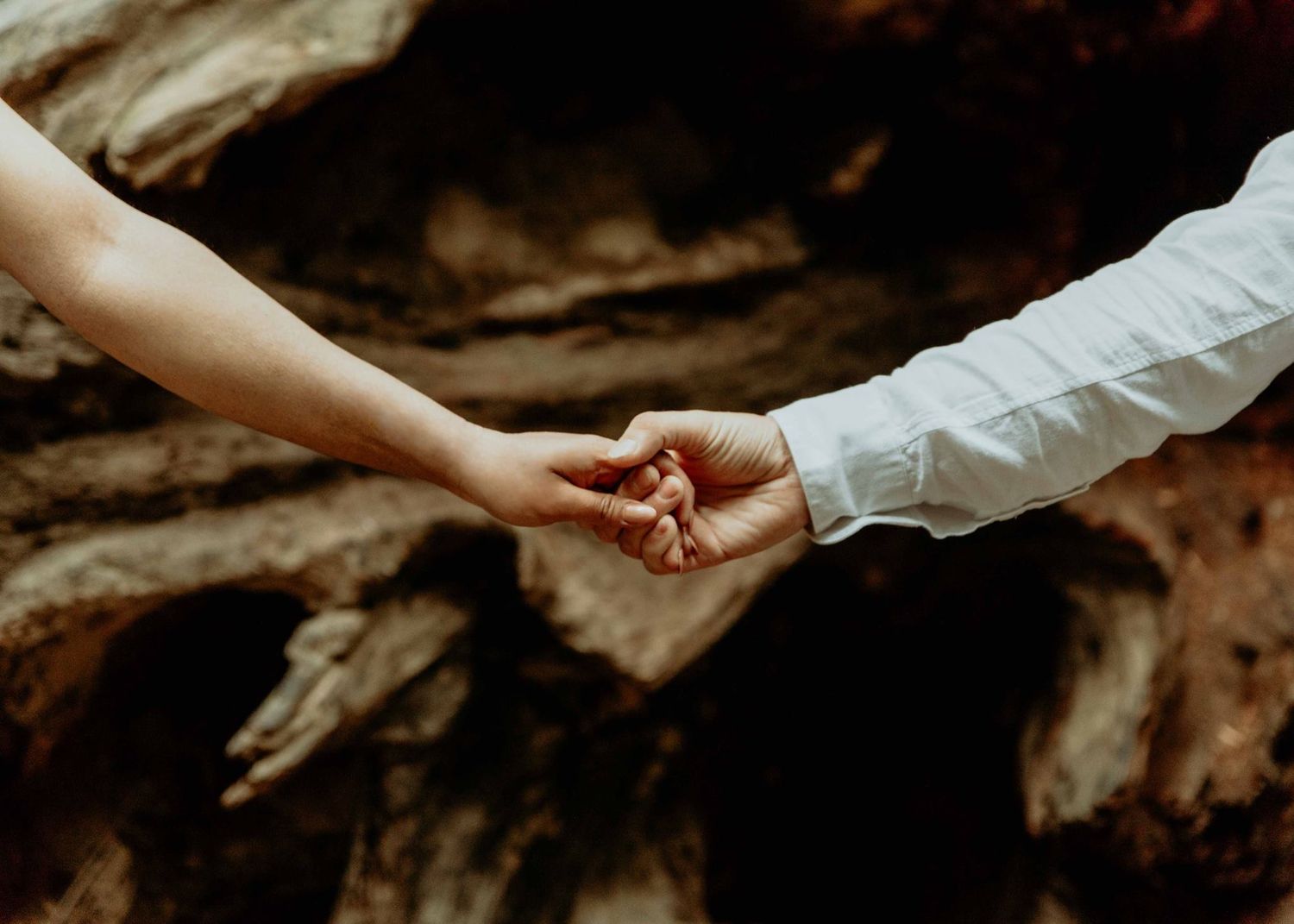 Close-up of a couple gently holding hands against a dark wooden background.