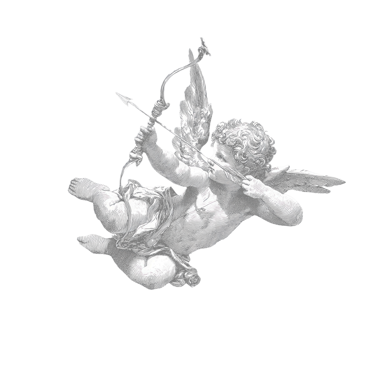Gray and white sculpture of Cupid angel with bow and arrow on a white background.
