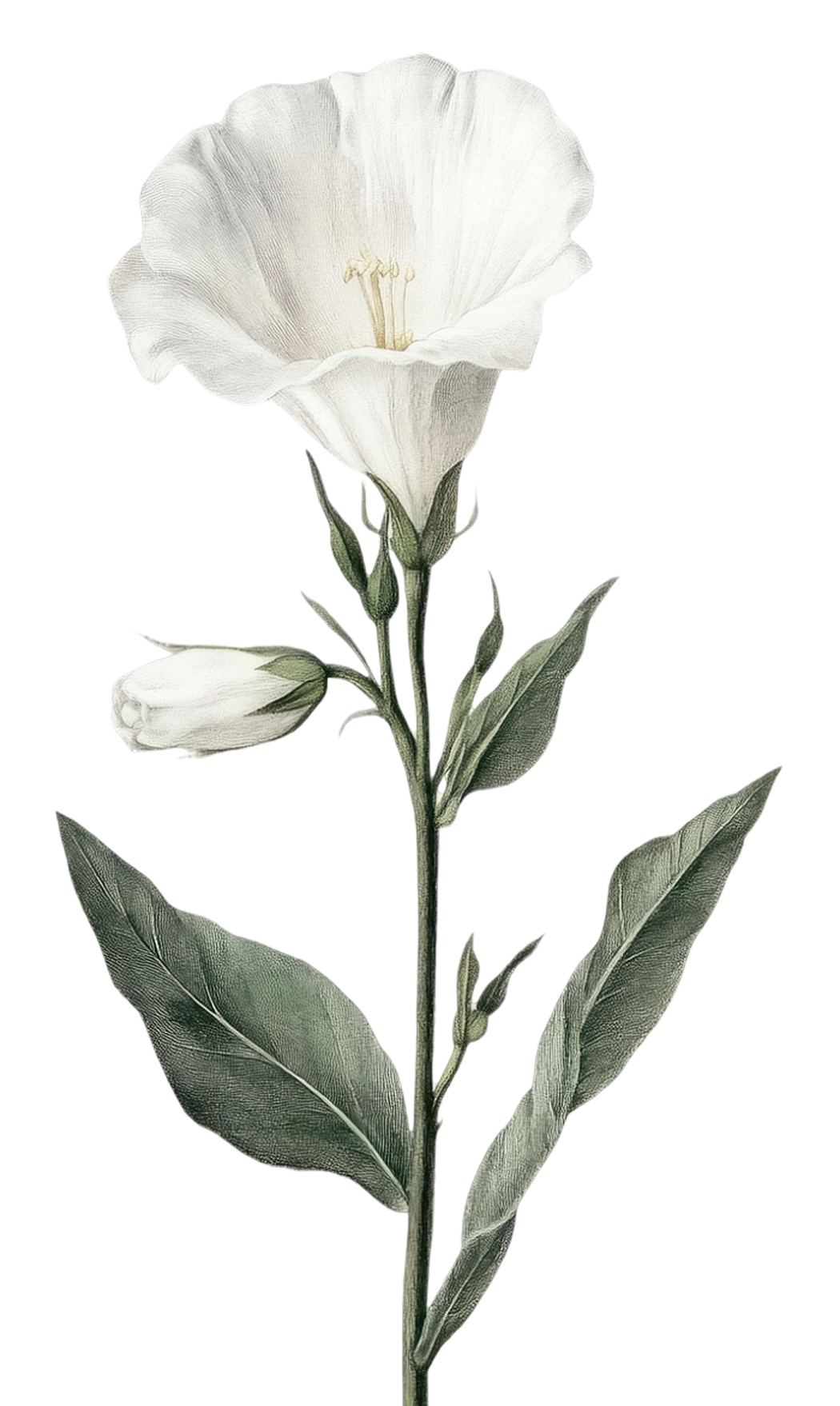 Elegant botanical illustration of a white bindweed flower with green leaves and buds on a stem.