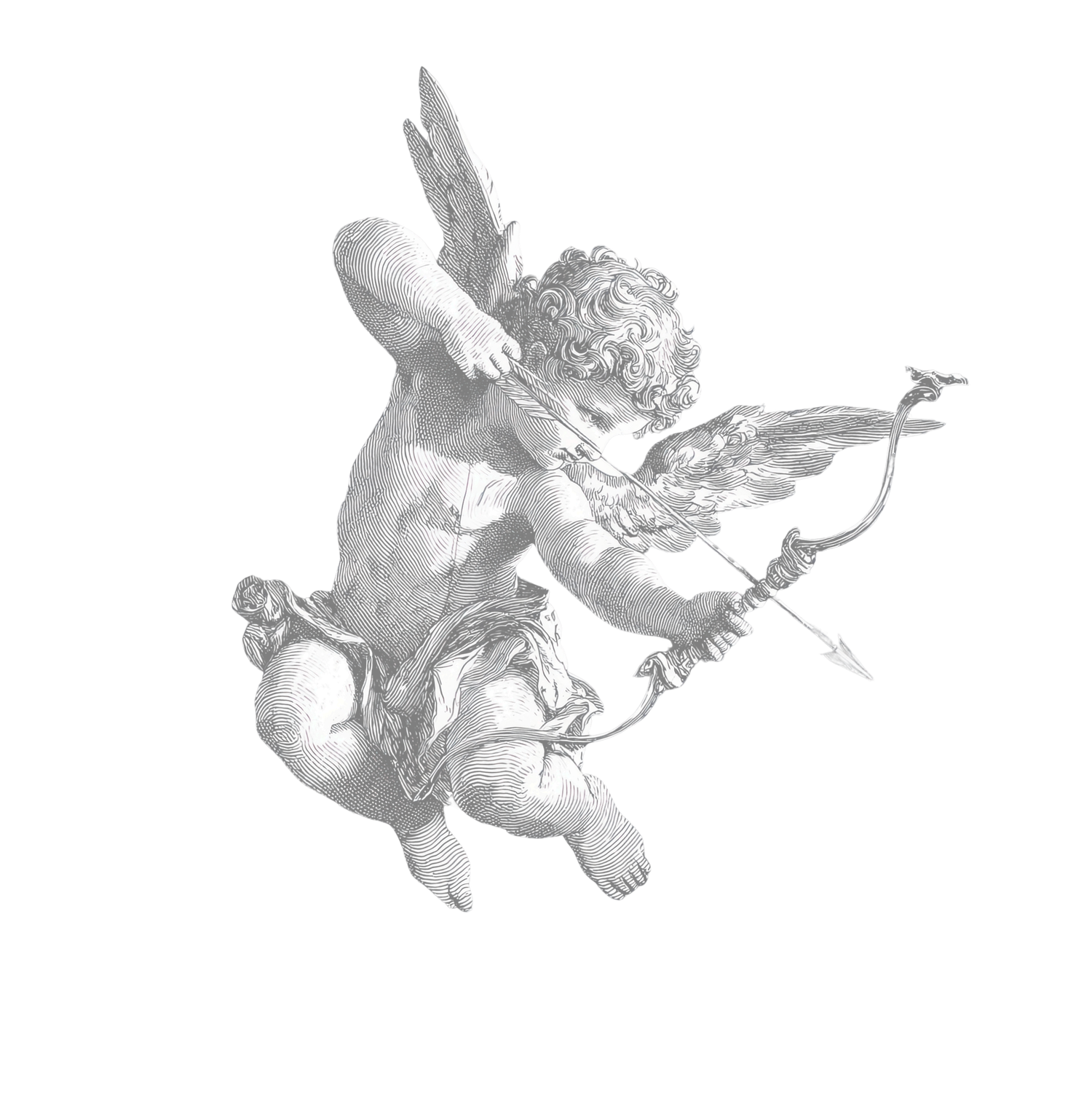 Vintage grayscale illustration of Cupid flying with a bow and arrow on white background.