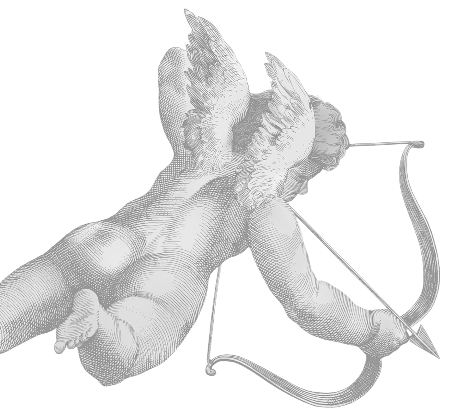 Vintage engraving of Cupid angel with bow and arrow on white background.