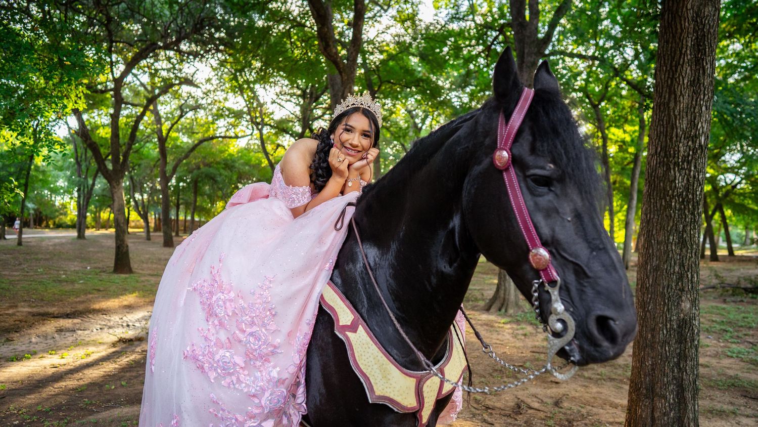 Smiling young woman in a pink quinceañera dress and tiara seated on a black horse in a wooded park.