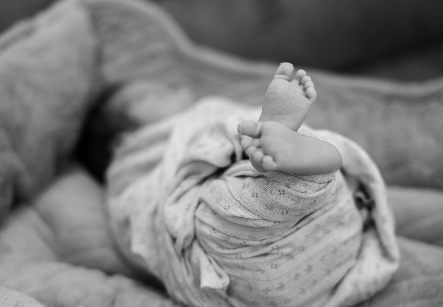 Black and white close-up of newborn baby feet wrapped in a soft patterned swaddle blanket.
