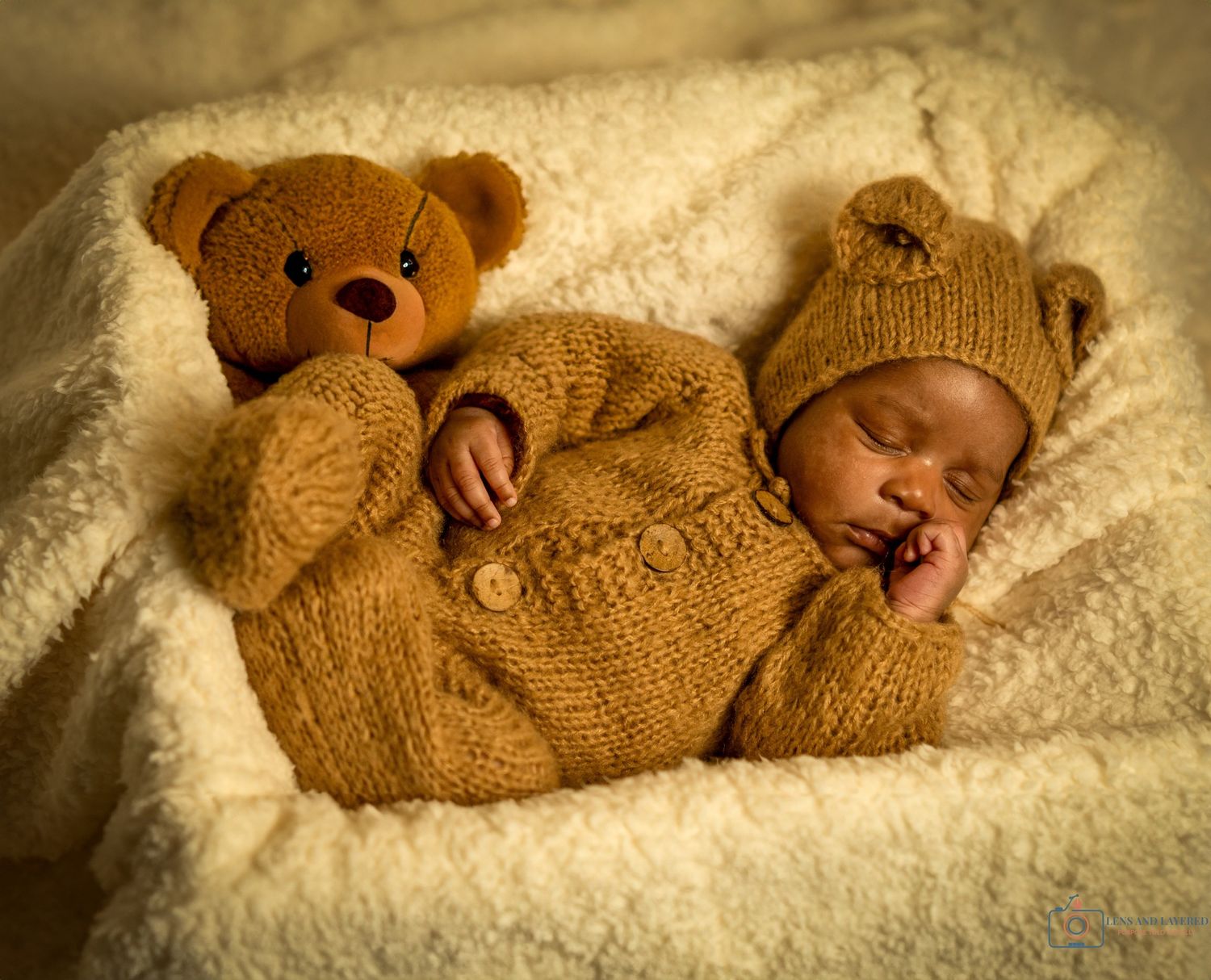 Baby in cozy brown teddy bear outfit resting on soft white blanket.