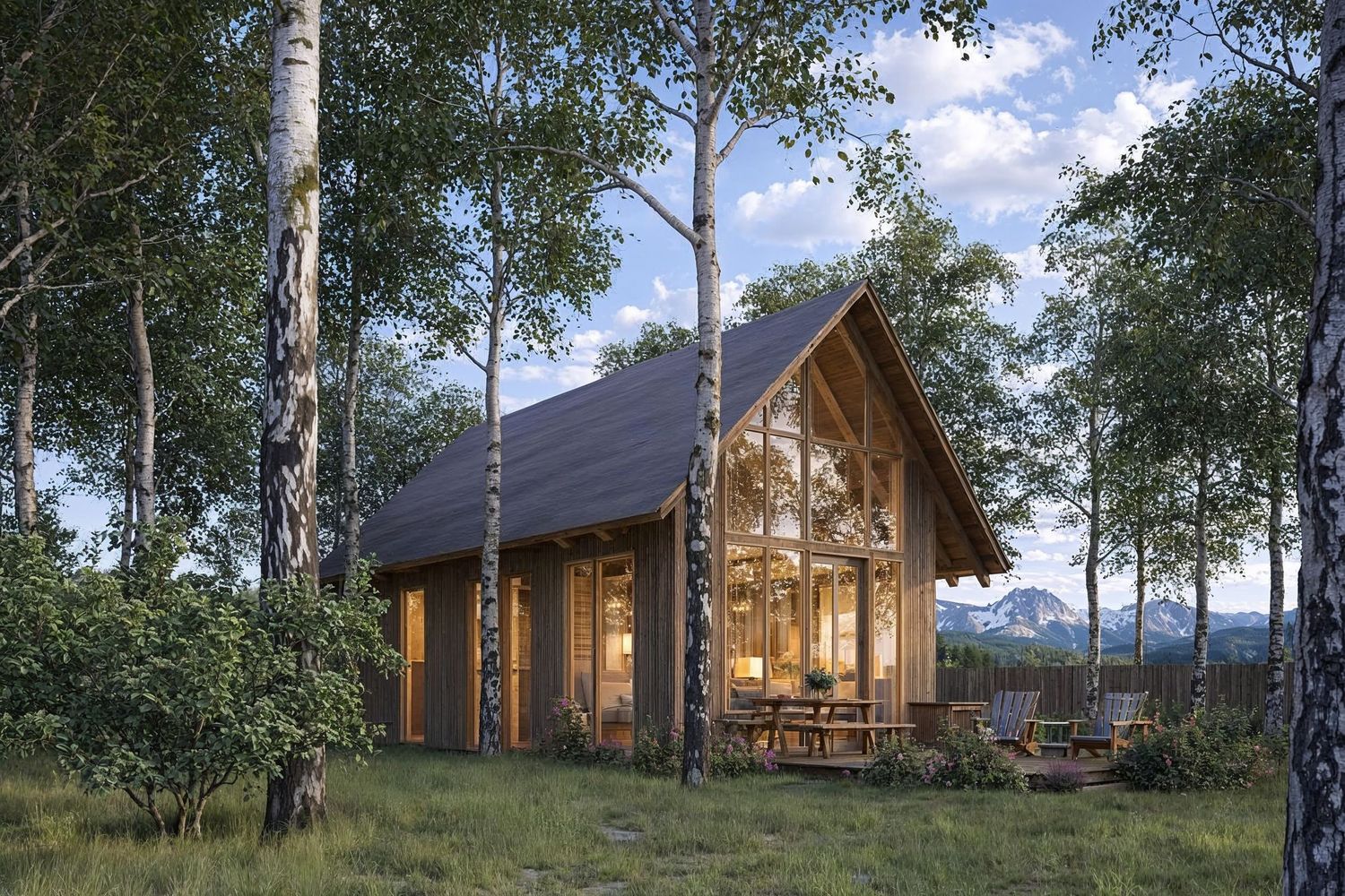 Étude pour chalet. Montage 3D dans Sketchup. Rendu 3D avec D5 Render. Post-production avec Lightroom et IA
