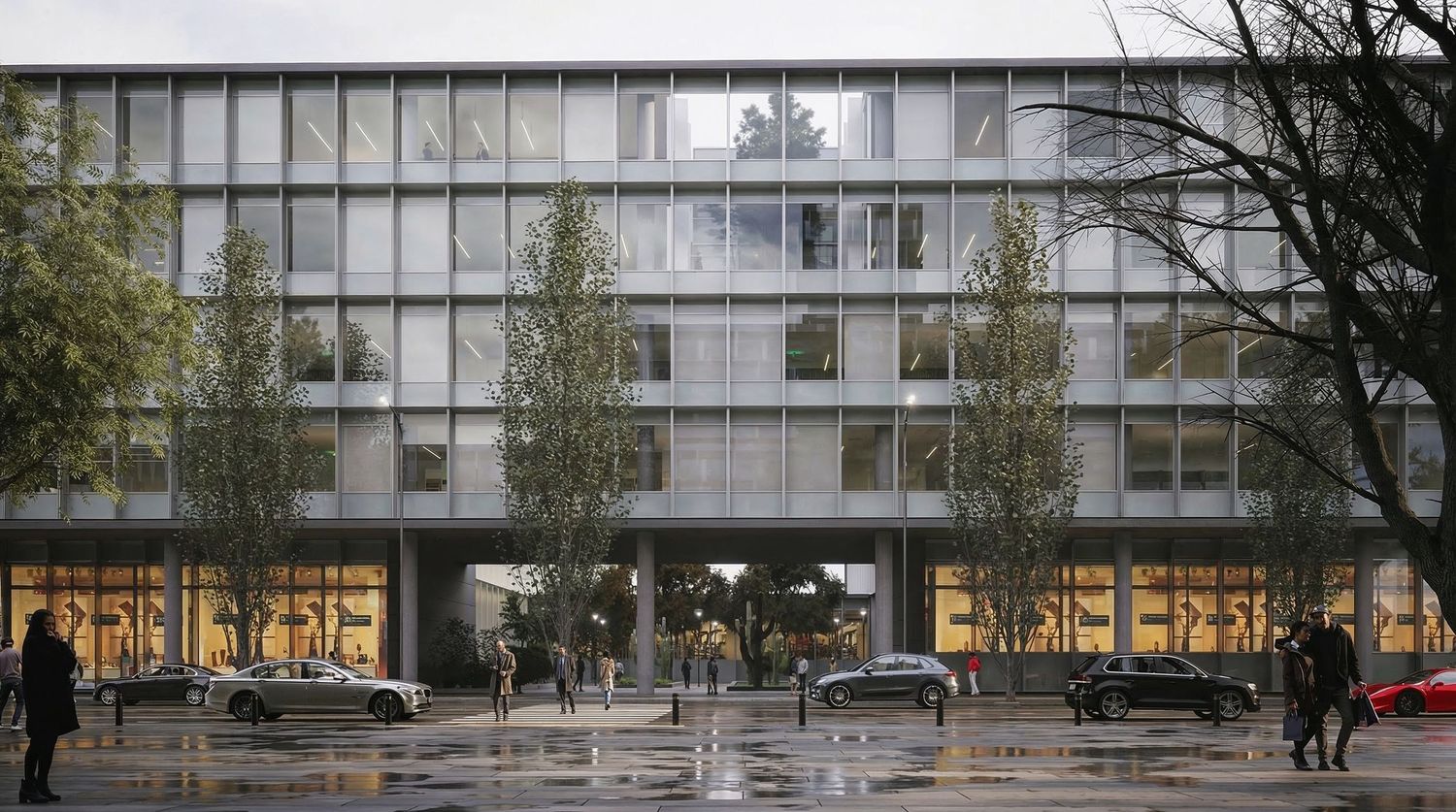 Édifice à bureaux et commerces. Montage 3D dans Sketchup. Rendu 3D avec D5 Render. Post-production avec Lightroom et IA