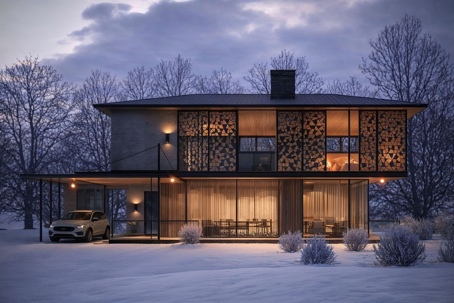 Winter house. Montage 3D dans Sketchup. Rendu 3D avec D5 Render. Post-production avec Lightroom et IA