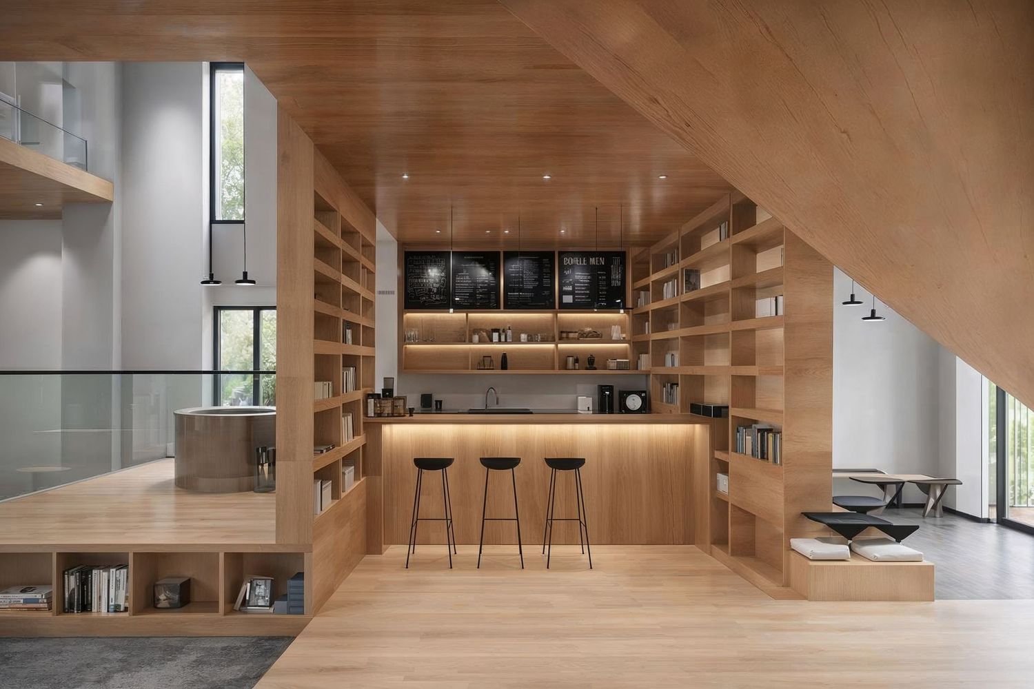 Étude pour café. Montage 3D dans Sketchup. Rendu 3D avec D5 Render. Post-production avec Lightroom et IA