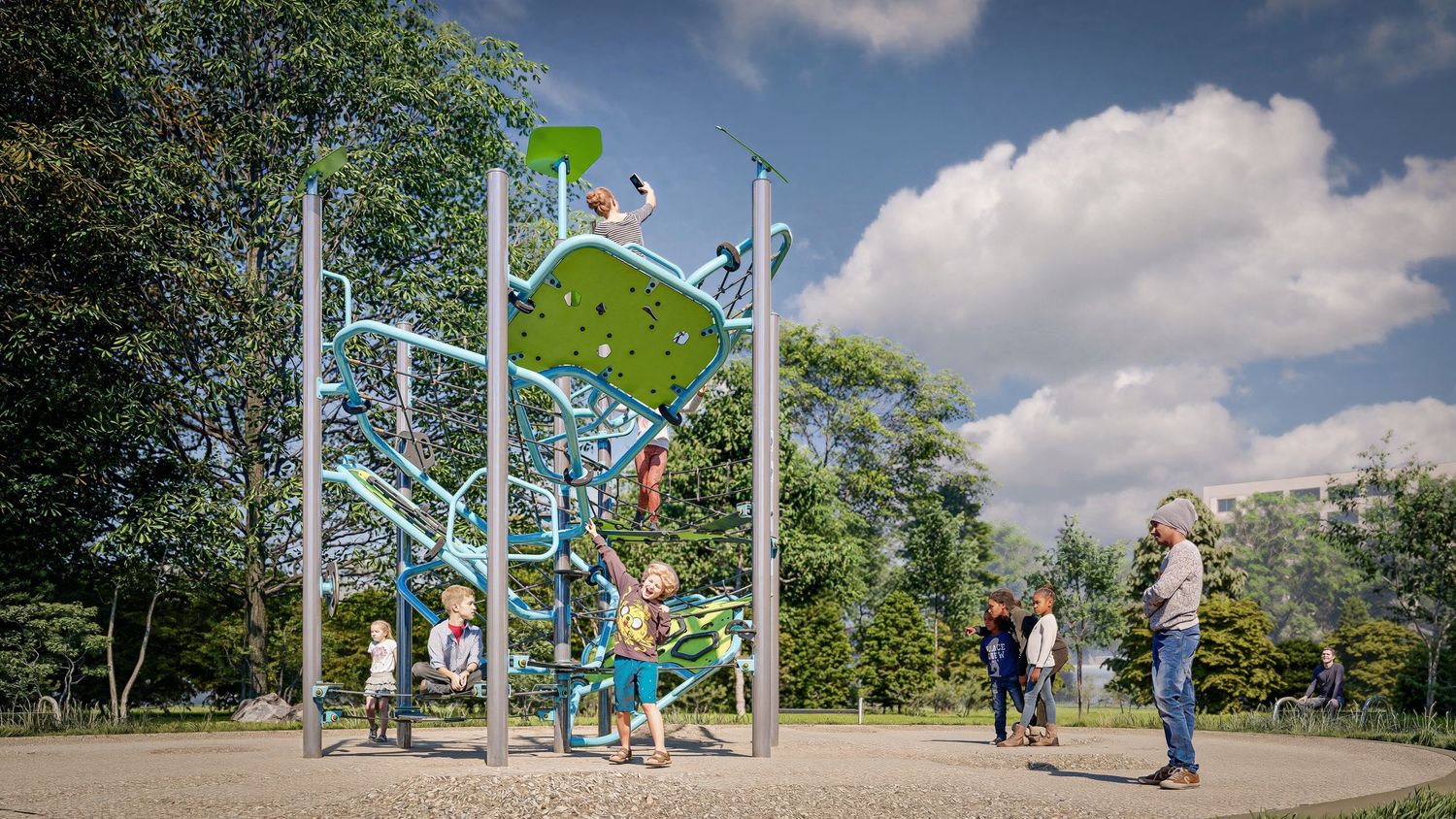 Jeu et équipement de parc. Montage 3D dans Sketchup. Rendu 3D avec D5 Render. Post-production avec Lightroom et IA