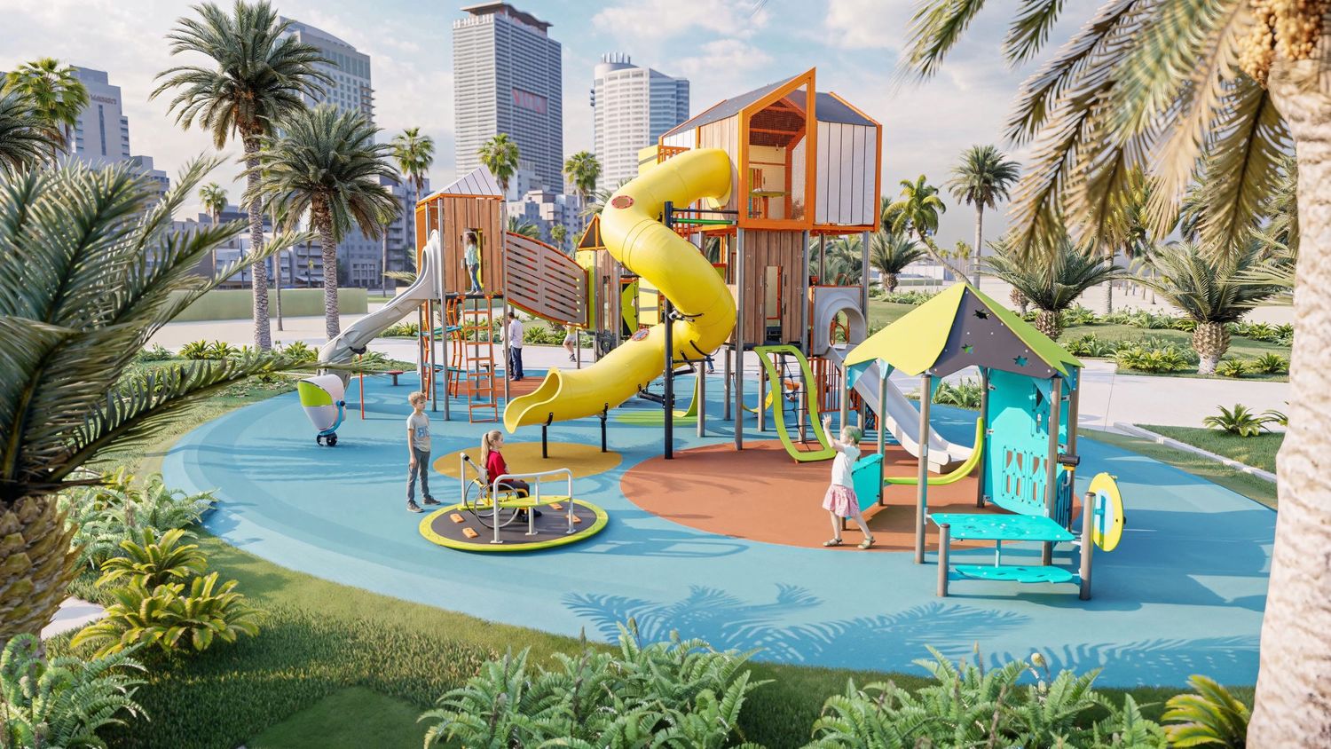 Jeu et équipement de parc. Montage 3D dans Sketchup. Rendu 3D avec D5 Render. Post-production avec Lightroom et IA