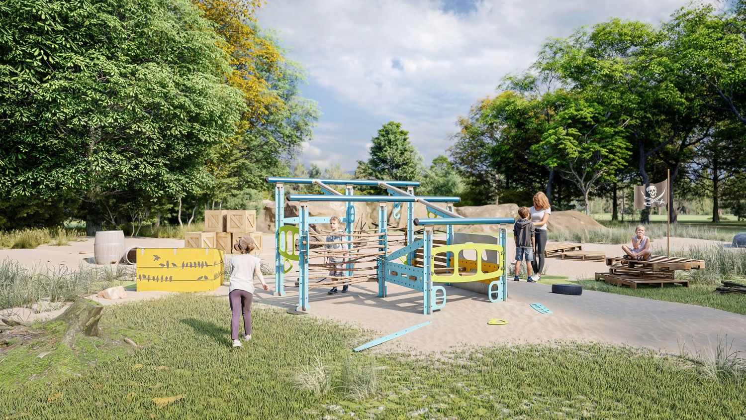 Jeu et équipement de parc. Montage 3D dans Sketchup. Rendu 3D avec D5 Render. Post-production avec Lightroom et IA