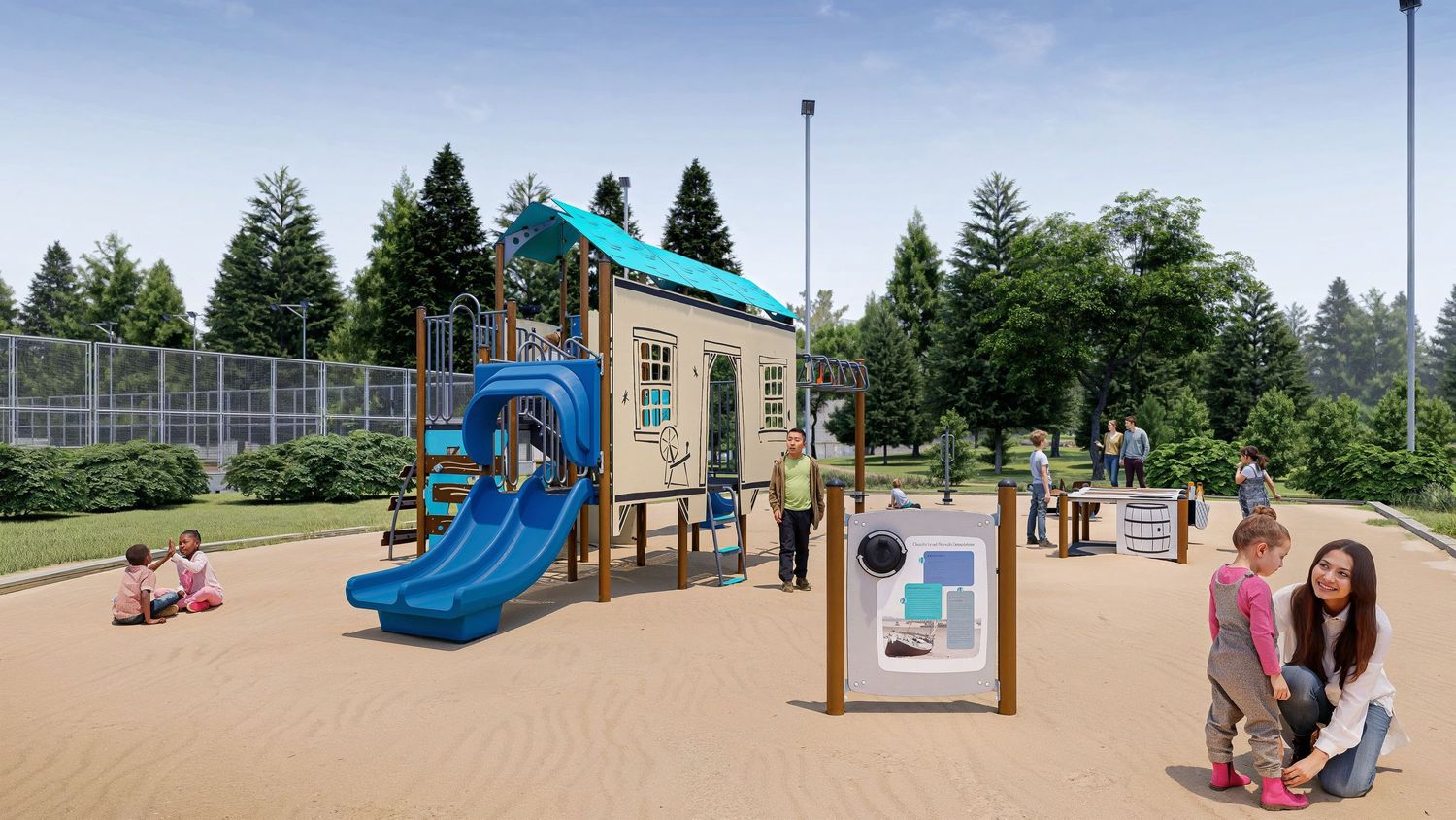 Jeu et équipement de parc. Montage 3D dans Sketchup. Rendu 3D avec D5 Render. Post-production avec Lightroom et IA
