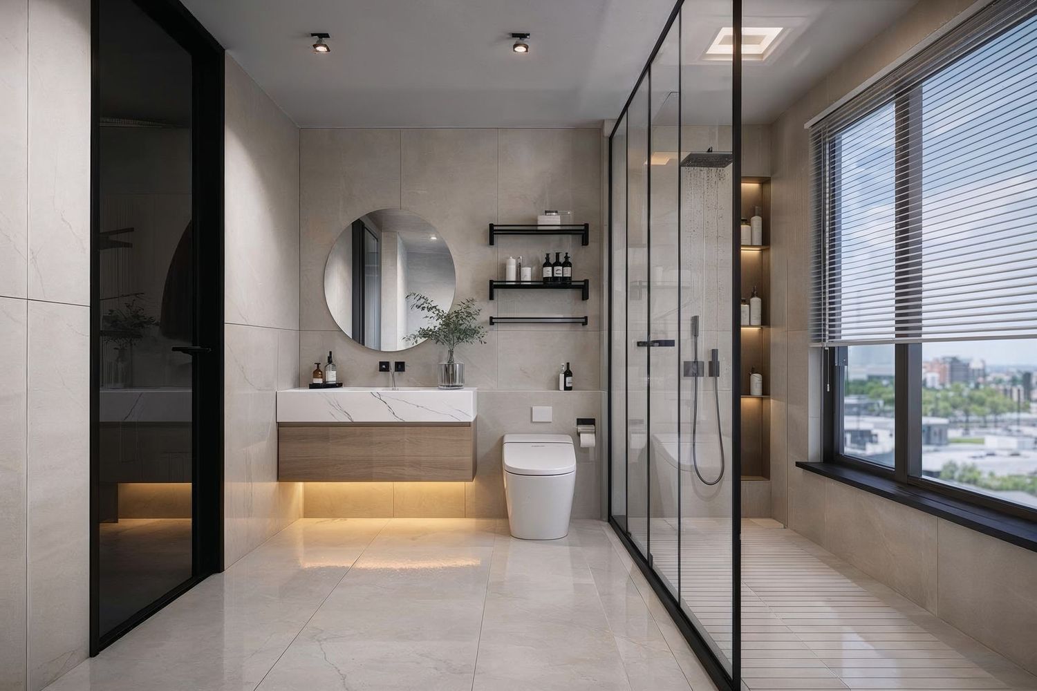 Salle de bain. Montage 3D dans Sketchup. Rendu 3D avec D5 Render. Post-production avec Lightroom et IA