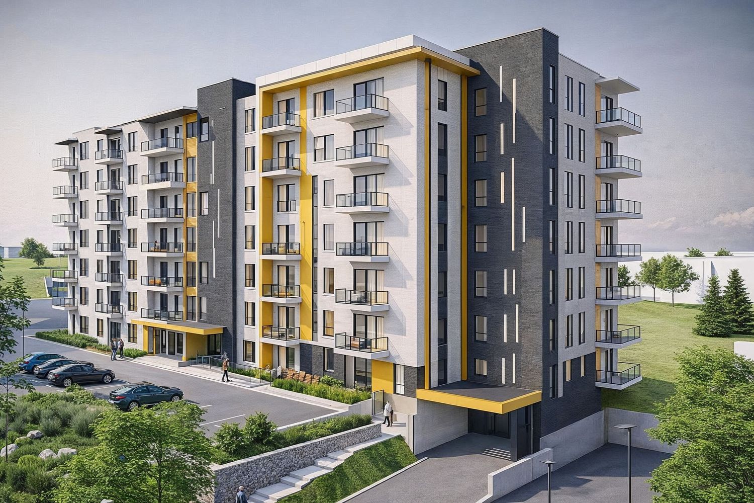 Condos NIVO 9 - Laberge. Montage 3D dans Sketchup. Rendu 3D avec D5 Render. Post-production avec Lightroom et IA
